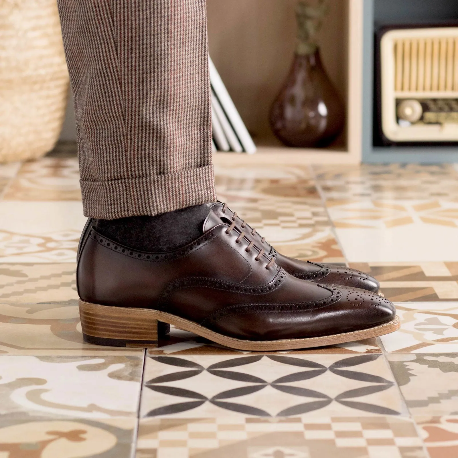 Men's Full Brogue Leather Shoes Goodyear Welt Wide Plus Size Dark Brown 5539