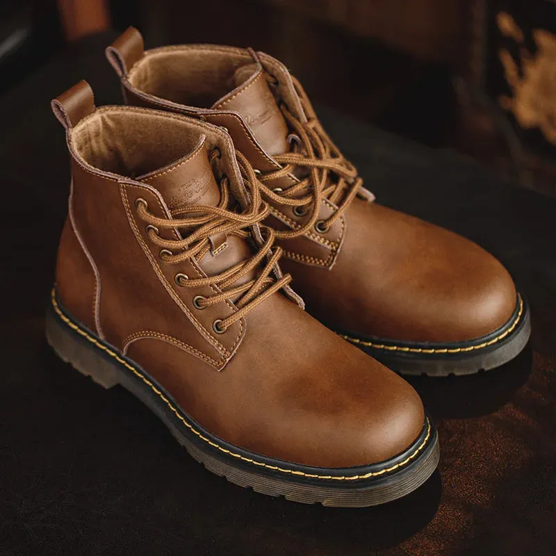 Men's Leather Winter Boots - Comfortable Warm Ankle Motorcycle Shoes, Snow & Work Oxfords