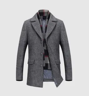 Men's Winter Warm Woolen Long Coat With Detachable Scarf
