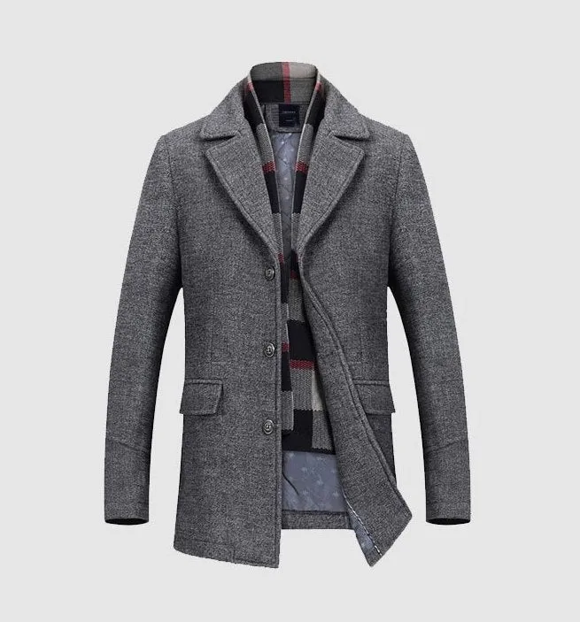 Men's Winter Warm Woolen Long Coat With Detachable Scarf