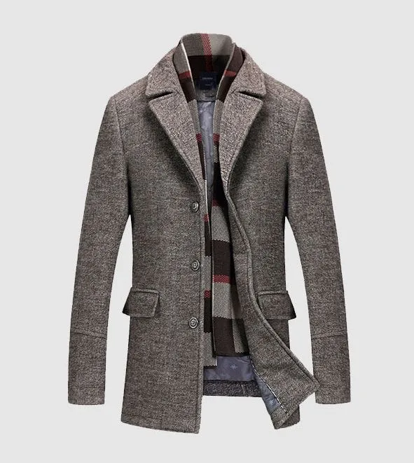 Men's Winter Warm Woolen Long Coat With Detachable Scarf