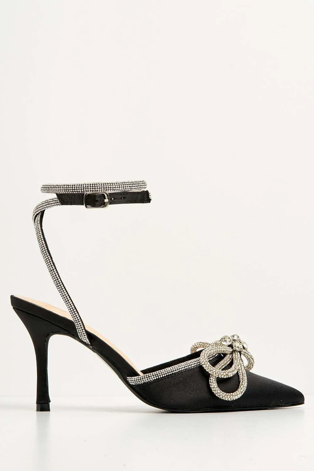 Natalie Pointed Toe Diamante Bow & Strap Court Shoe Heel in Black Satin