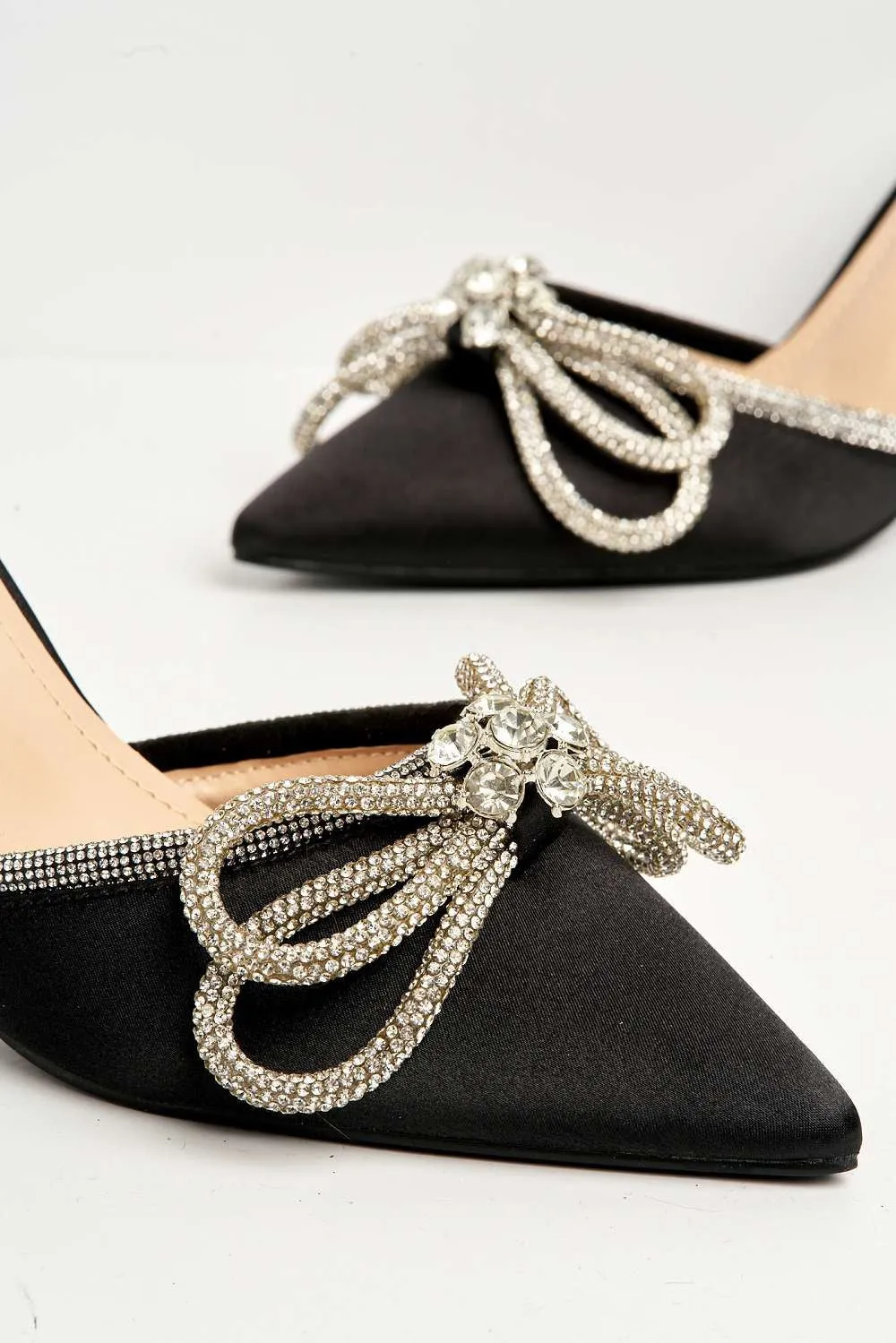 Natalie Pointed Toe Diamante Bow & Strap Court Shoe Heel in Black Satin