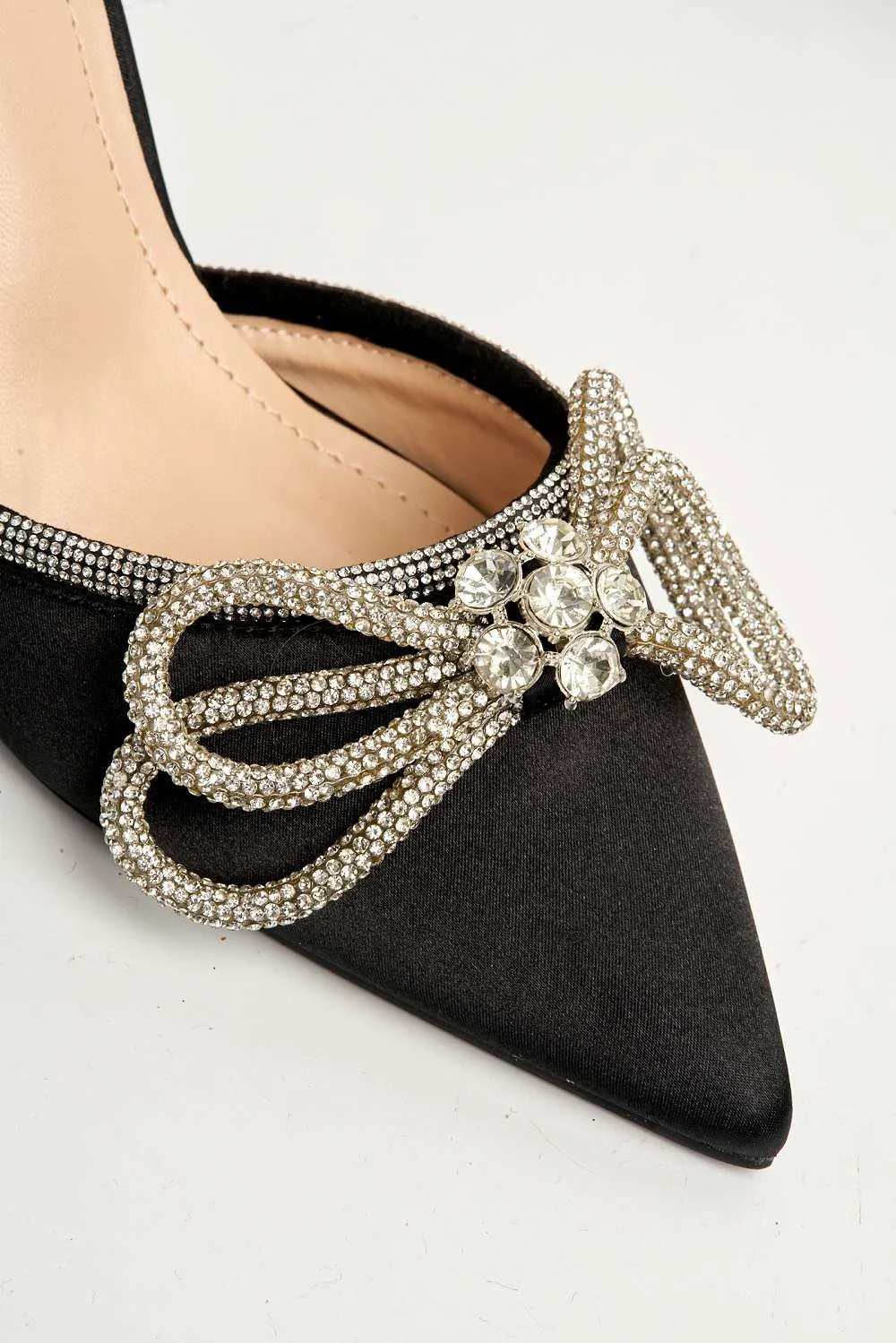 Natalie Pointed Toe Diamante Bow & Strap Court Shoe Heel in Black Satin