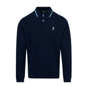 Navy Badge Button Neck Long Sleeve Polo Shirt
