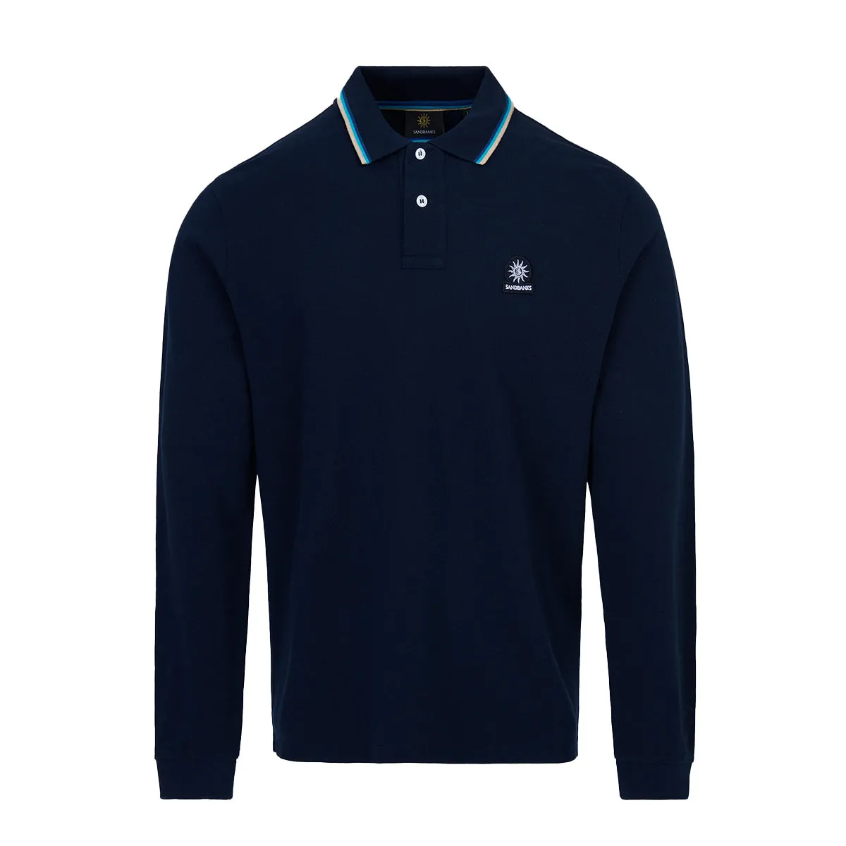 Navy Badge Button Neck Long Sleeve Polo Shirt