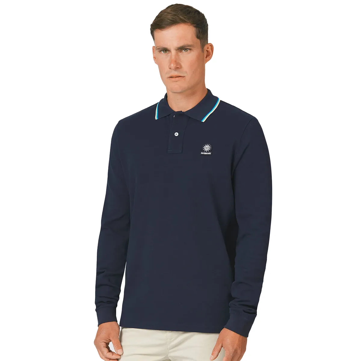 Navy Badge Button Neck Long Sleeve Polo Shirt