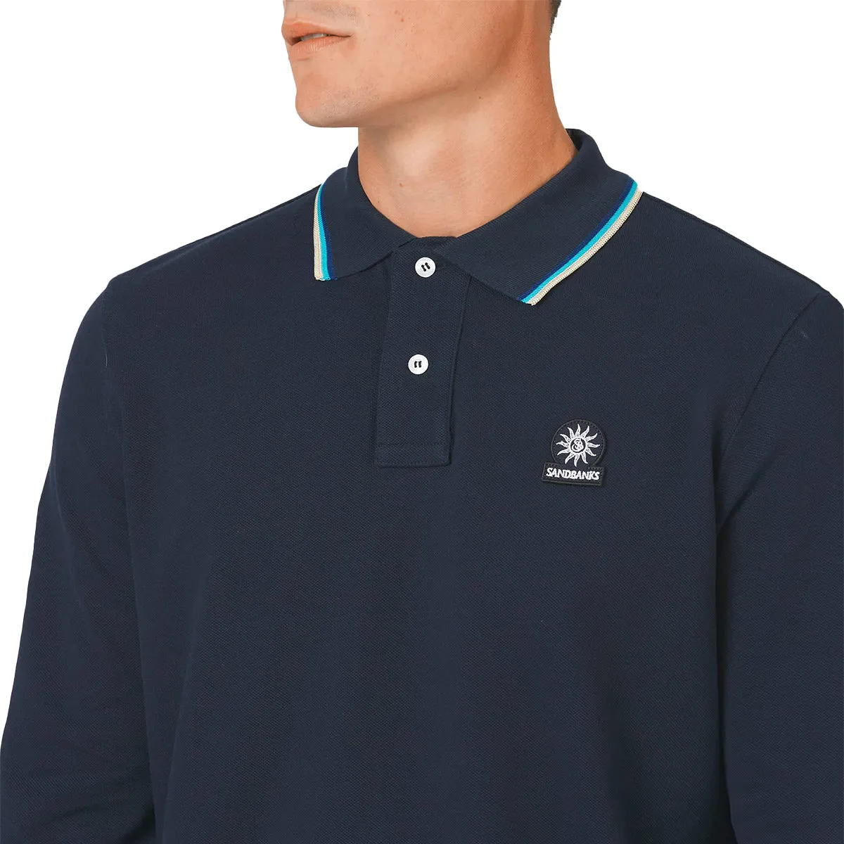 Navy Badge Button Neck Long Sleeve Polo Shirt