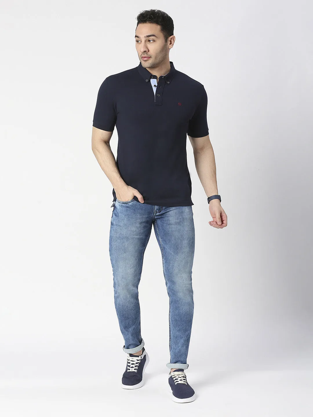 Navy Blue Cotton Lycra Button Down Polo T-shirt