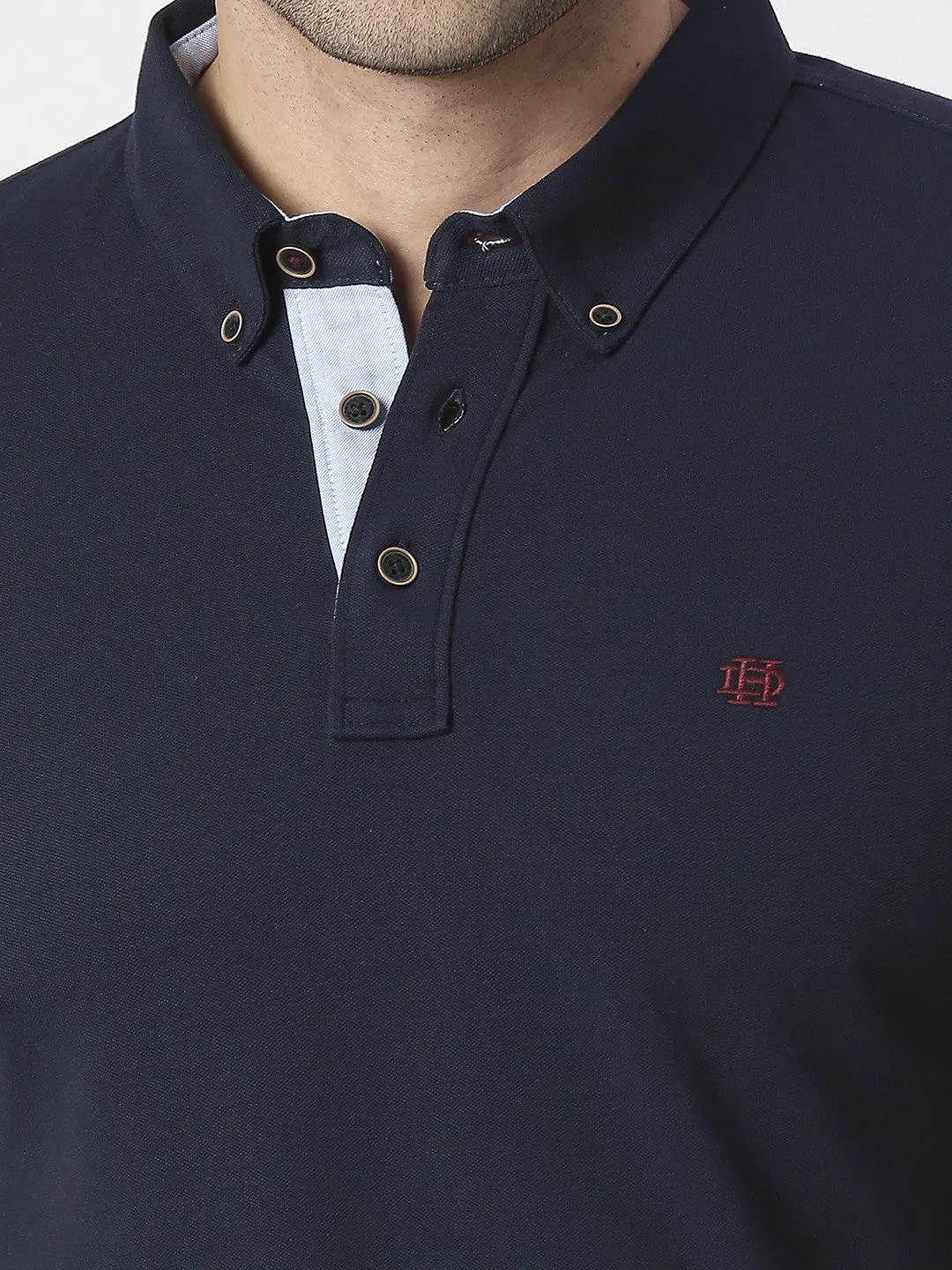 Navy Blue Cotton Lycra Button Down Polo T-shirt