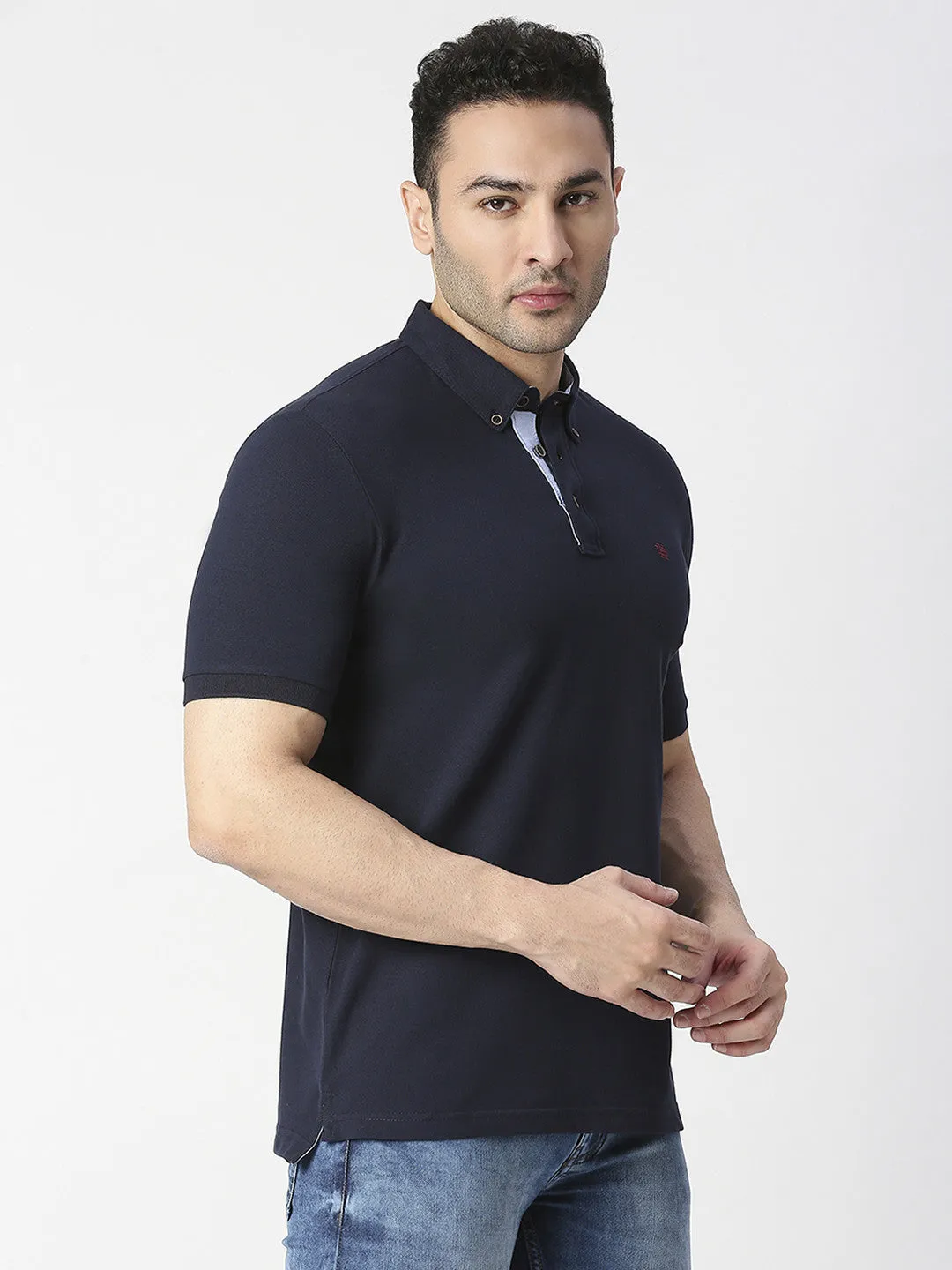 Navy Blue Cotton Lycra Button Down Polo T-shirt