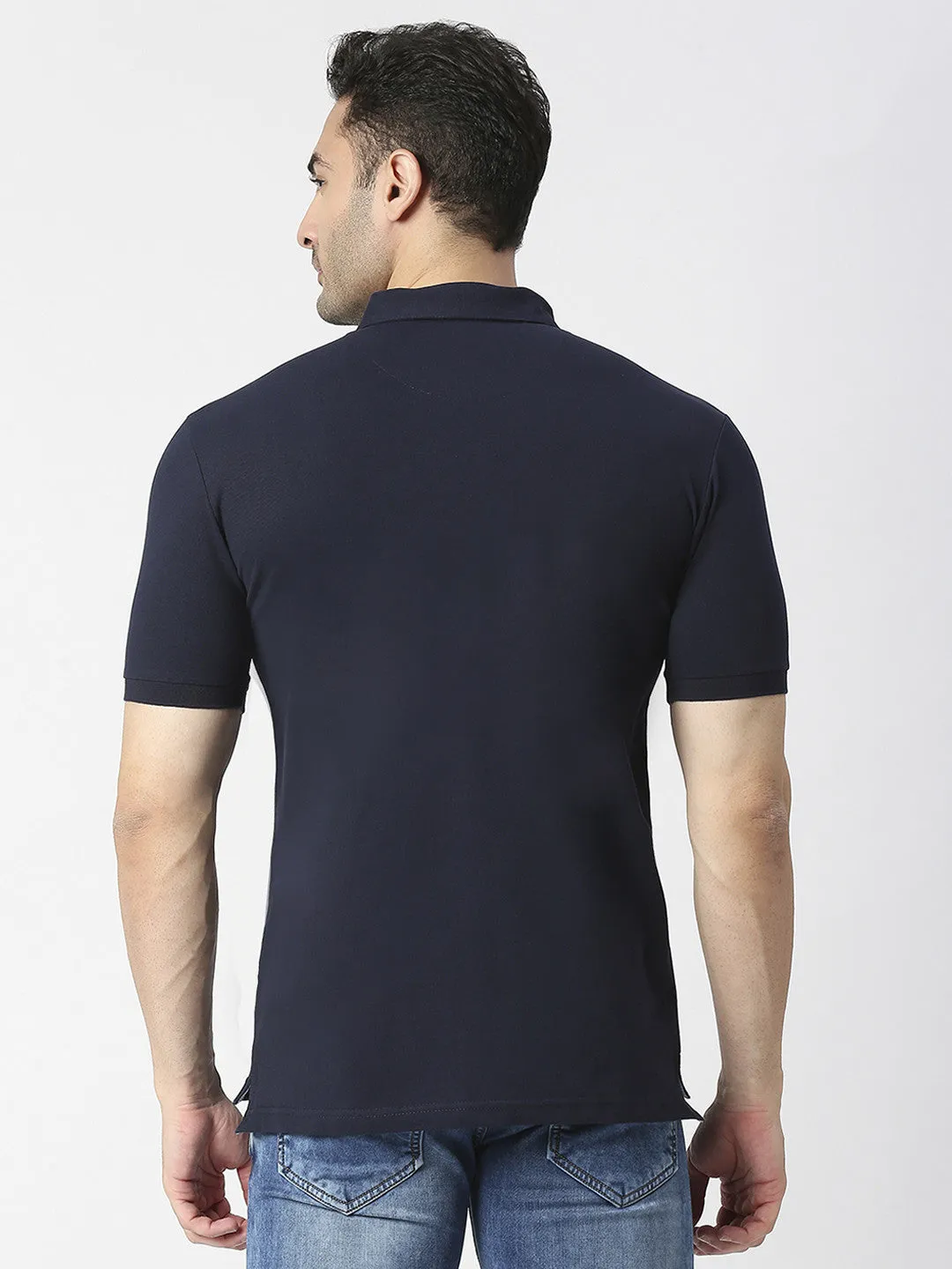 Navy Blue Cotton Lycra Button Down Polo T-shirt