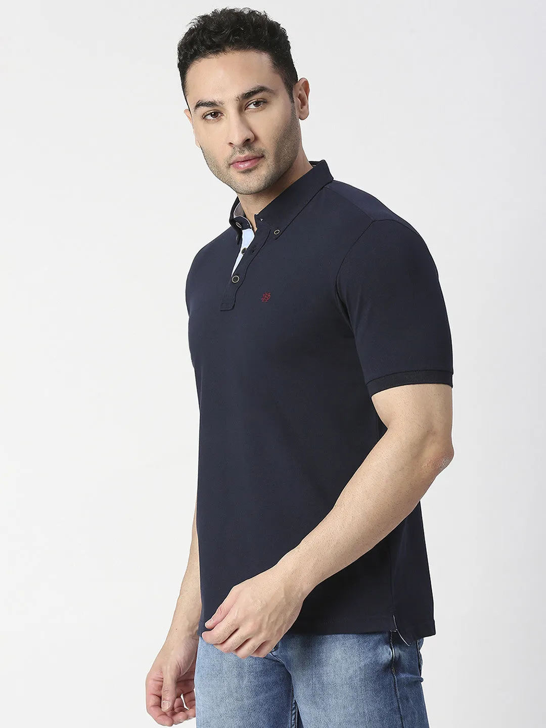 Navy Blue Cotton Lycra Button Down Polo T-shirt