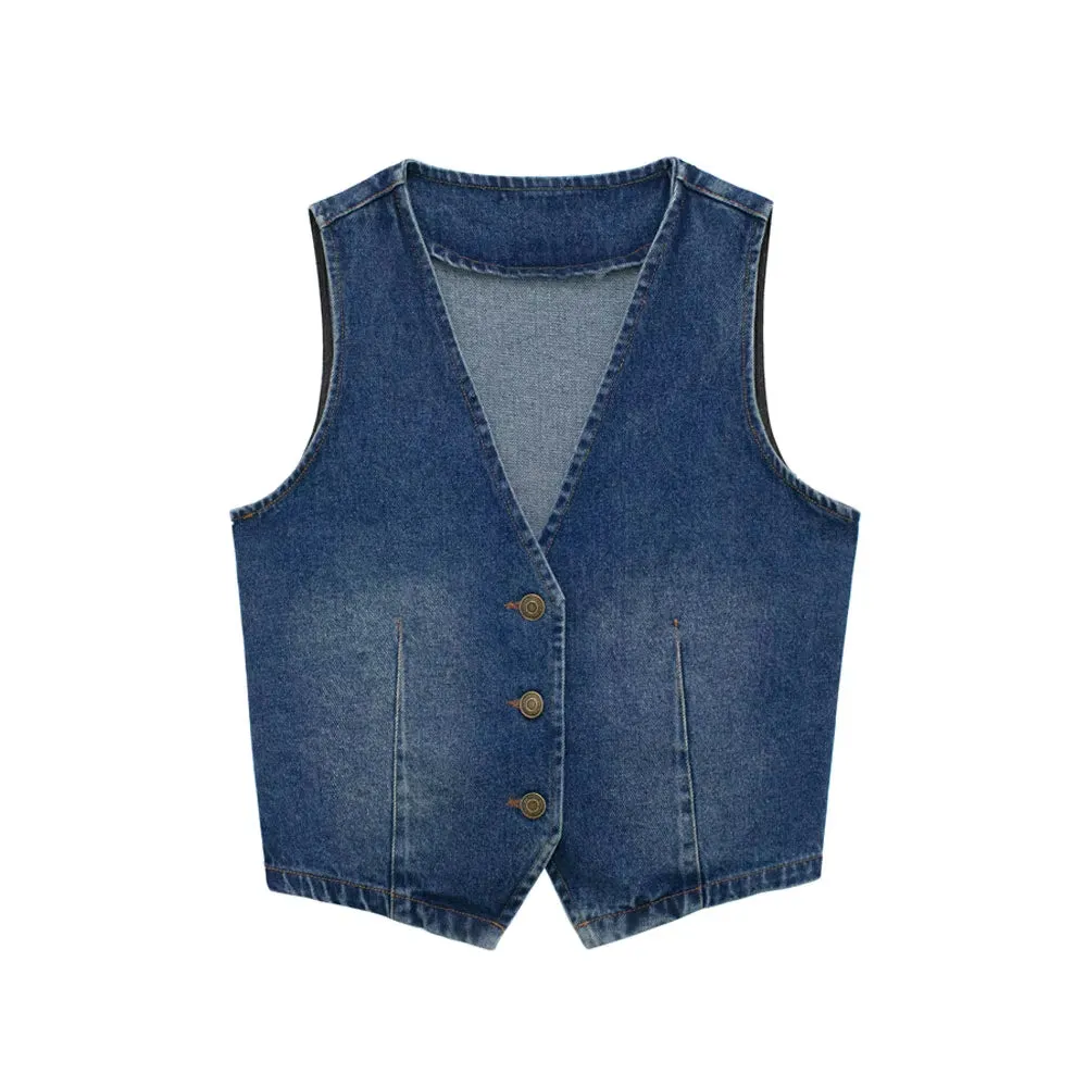 New Stylish Womens Sleeveless Front Button Denim Waistcoat, Female Outerwear