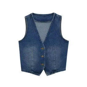 New Stylish Womens Sleeveless Front Button Denim Waistcoat, Female Outerwear