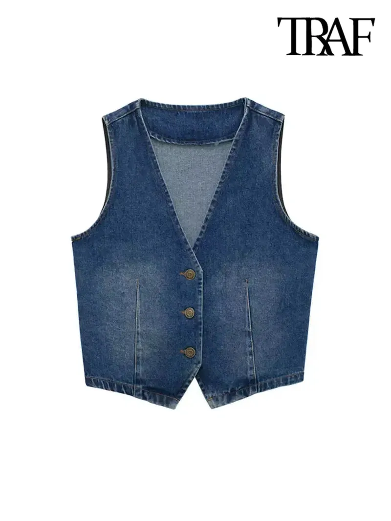 New Stylish Womens Sleeveless Front Button Denim Waistcoat, Female Outerwear