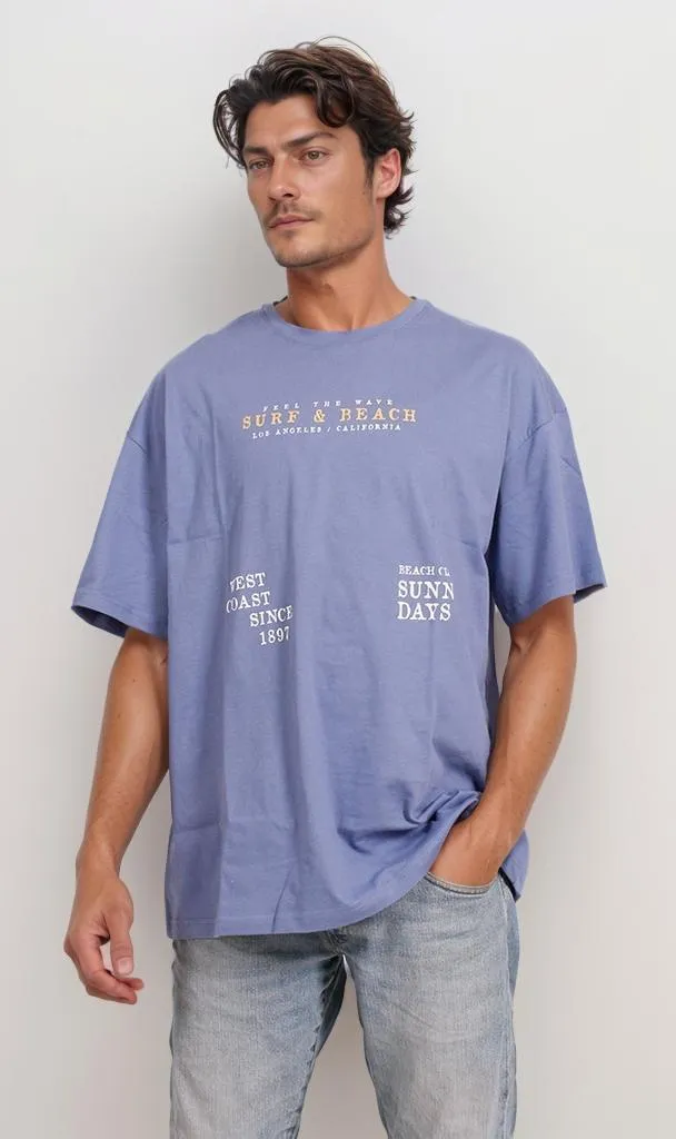 O201334 - Acrylic Beach Graphic T-Shirt  Navy Blue