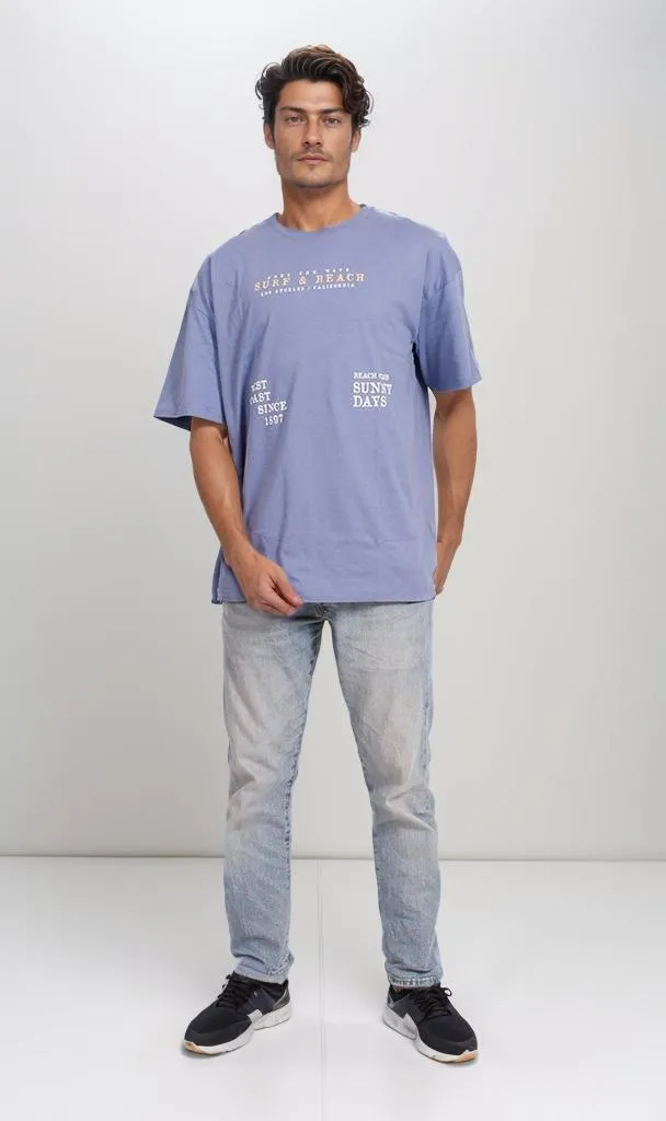 O201334 - Acrylic Beach Graphic T-Shirt  Navy Blue