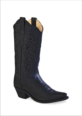 Old West Black Womens All Over Leather 12in Snip Toe Stitch Cowboy Boots 9.5 B