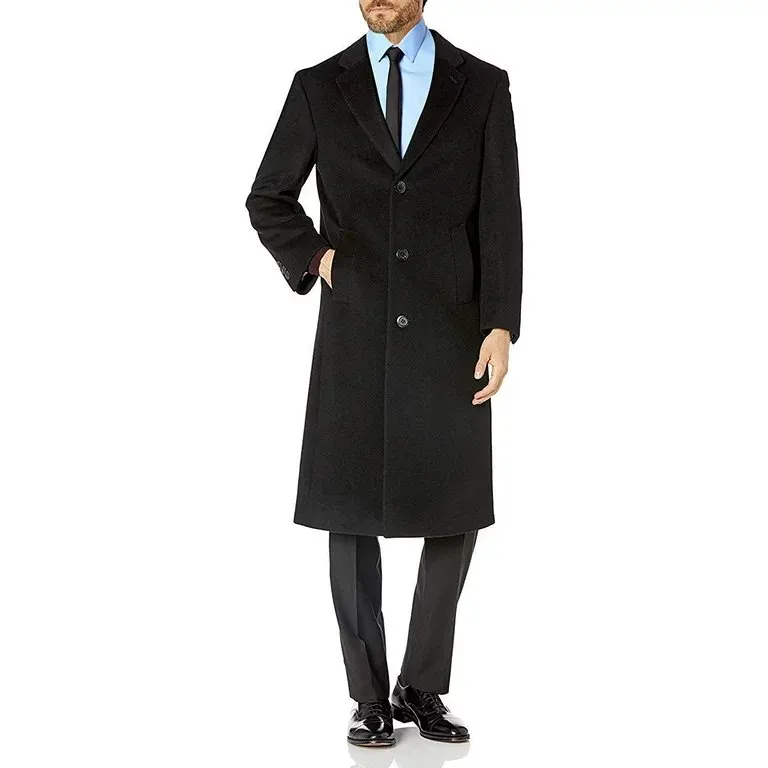 Prontomoda Men's Single Breasted Black Luxury Wool/Cashmere Full Length Topcoat