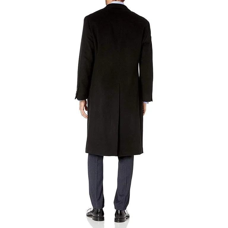 Prontomoda Men's Single Breasted Black Luxury Wool/Cashmere Full Length Topcoat