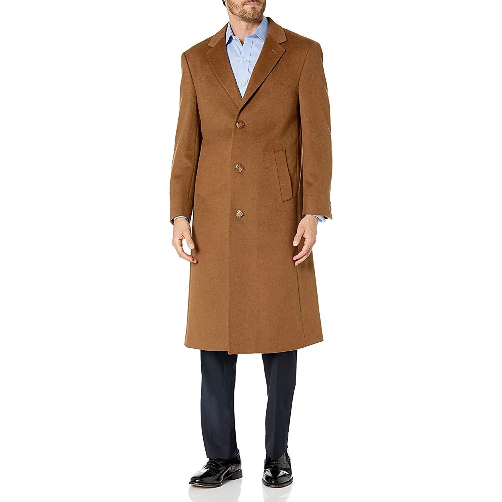 Prontomoda Men's Single Breasted Black Luxury Wool/Cashmere Full Length Topcoat