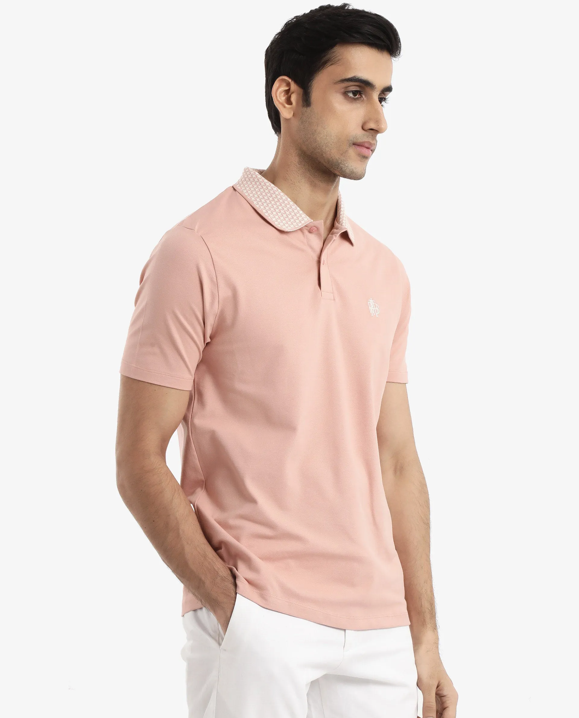 Rare Rabbit Men's Booth Light Peach Short Sleeve Textured Collar Embroidered Logo Plain Polo T-Shirt
