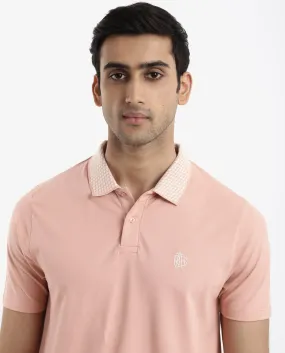 Rare Rabbit Men's Booth Light Peach Short Sleeve Textured Collar Embroidered Logo Plain Polo T-Shirt