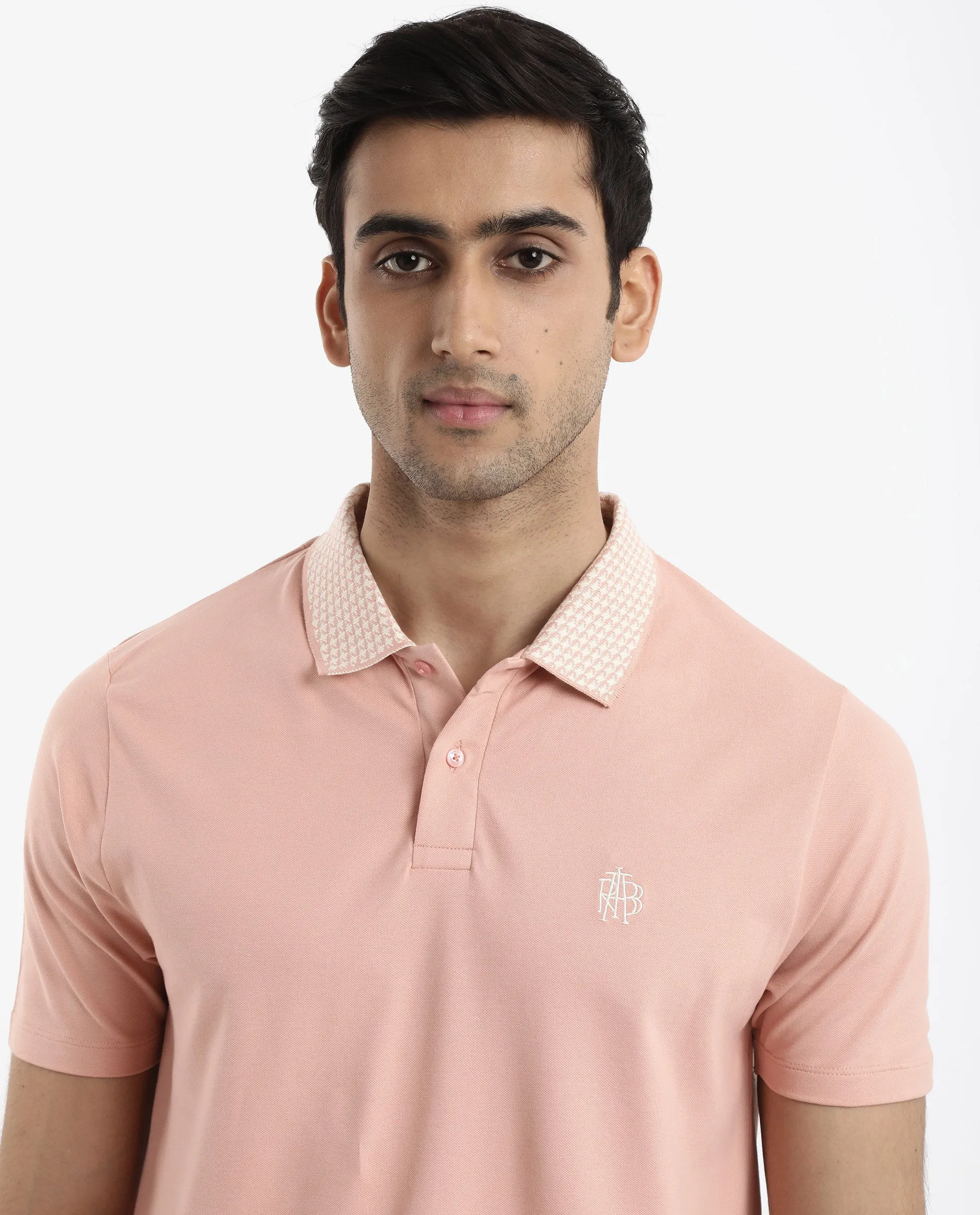 Rare Rabbit Men's Booth Light Peach Short Sleeve Textured Collar Embroidered Logo Plain Polo T-Shirt