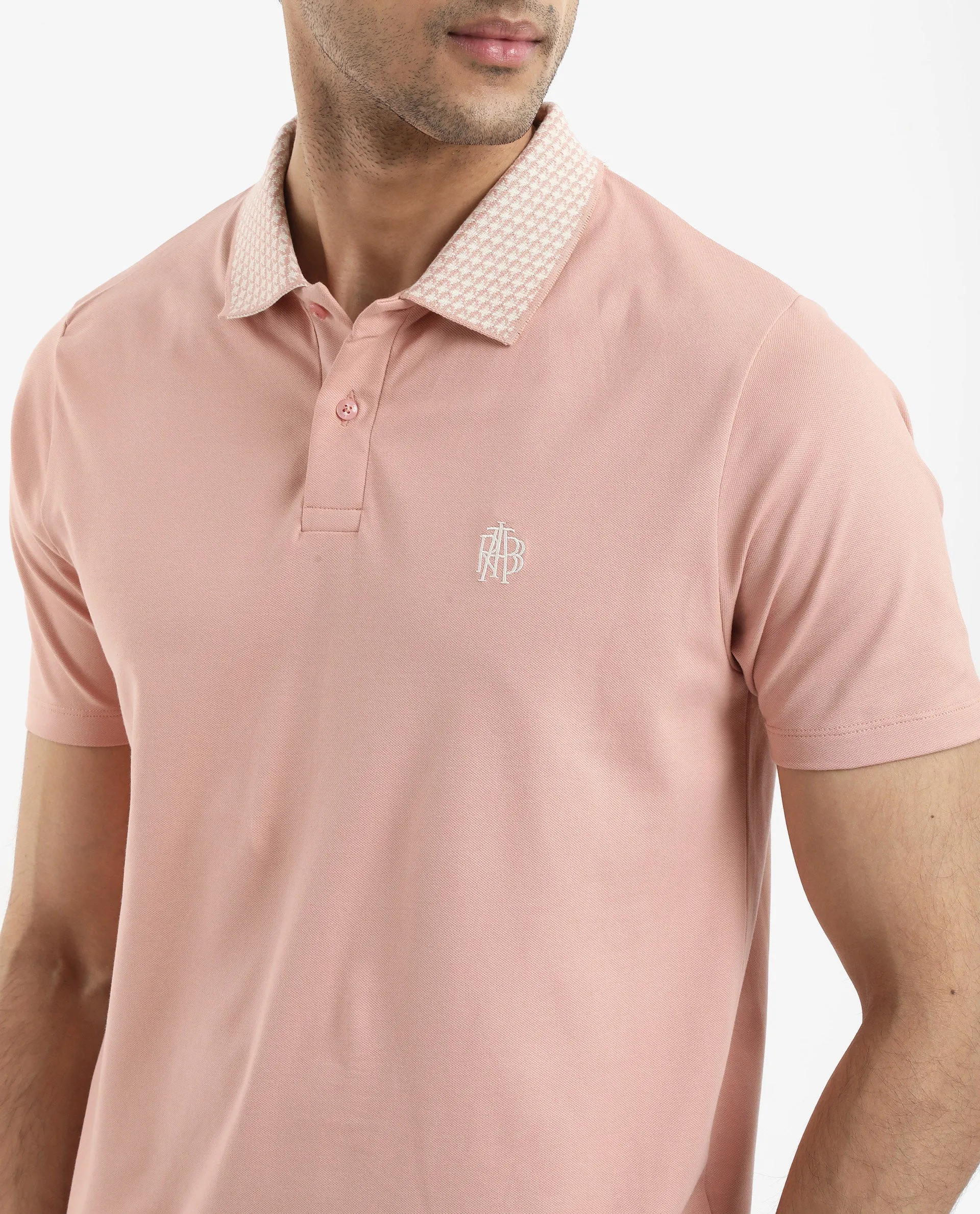 Rare Rabbit Men's Booth Light Peach Short Sleeve Textured Collar Embroidered Logo Plain Polo T-Shirt