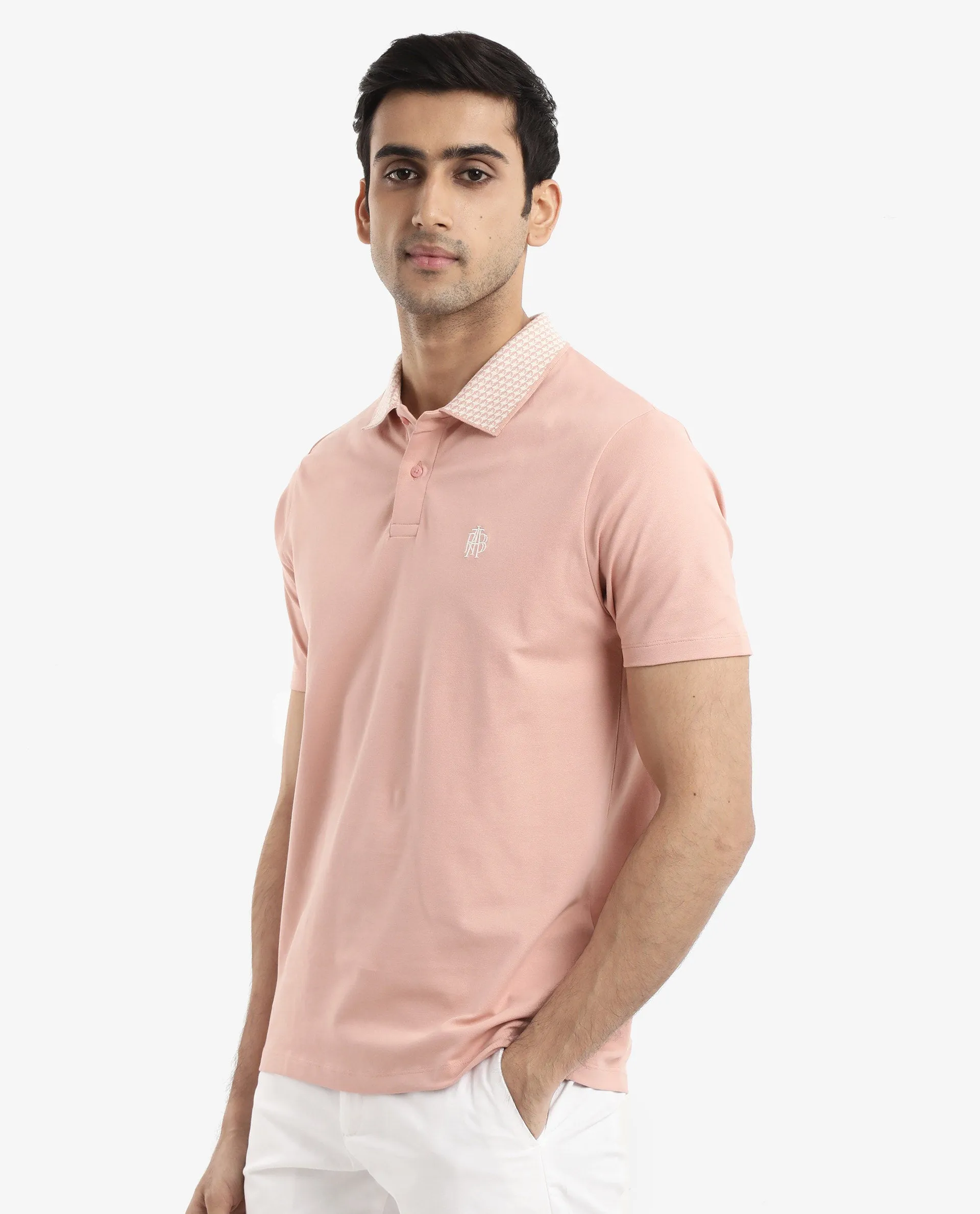 Rare Rabbit Men's Booth Light Peach Short Sleeve Textured Collar Embroidered Logo Plain Polo T-Shirt