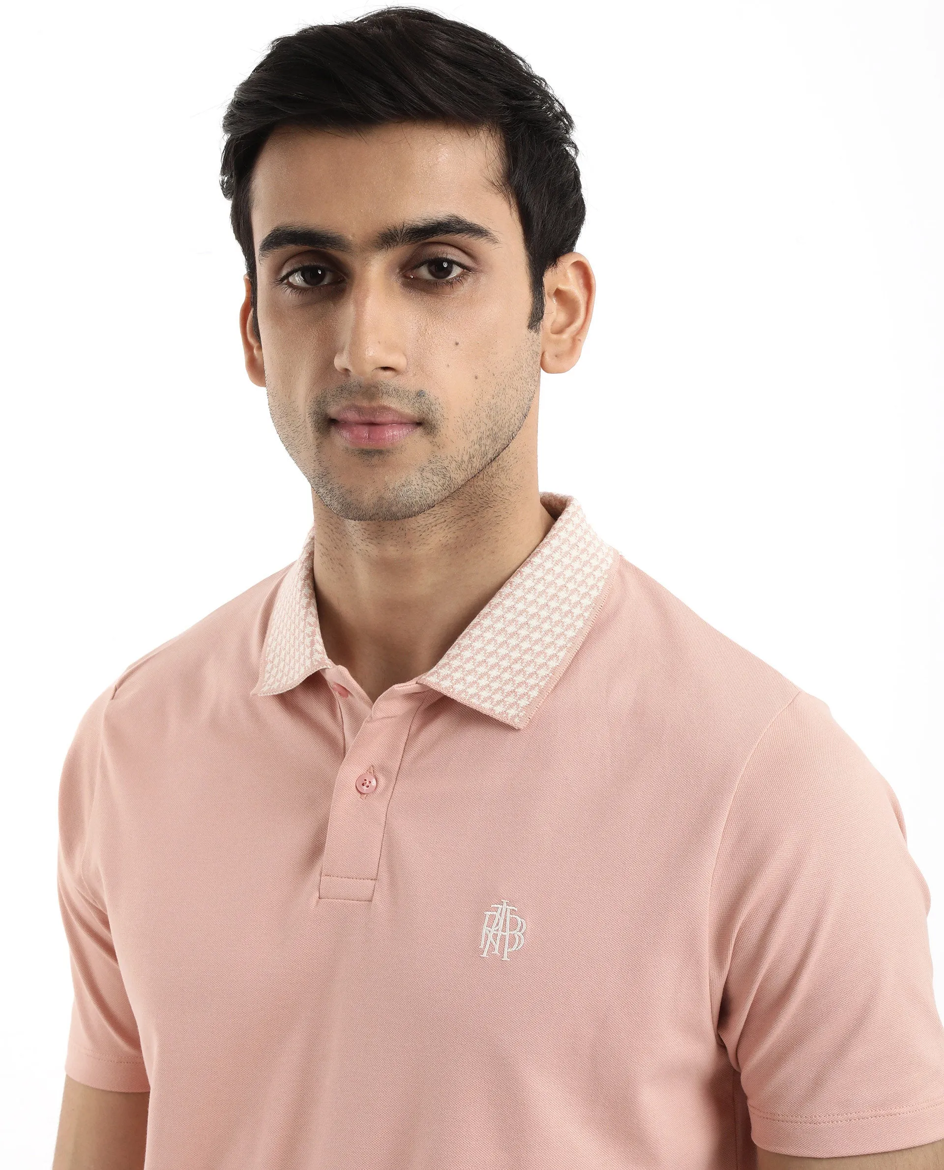 Rare Rabbit Men's Booth Light Peach Short Sleeve Textured Collar Embroidered Logo Plain Polo T-Shirt