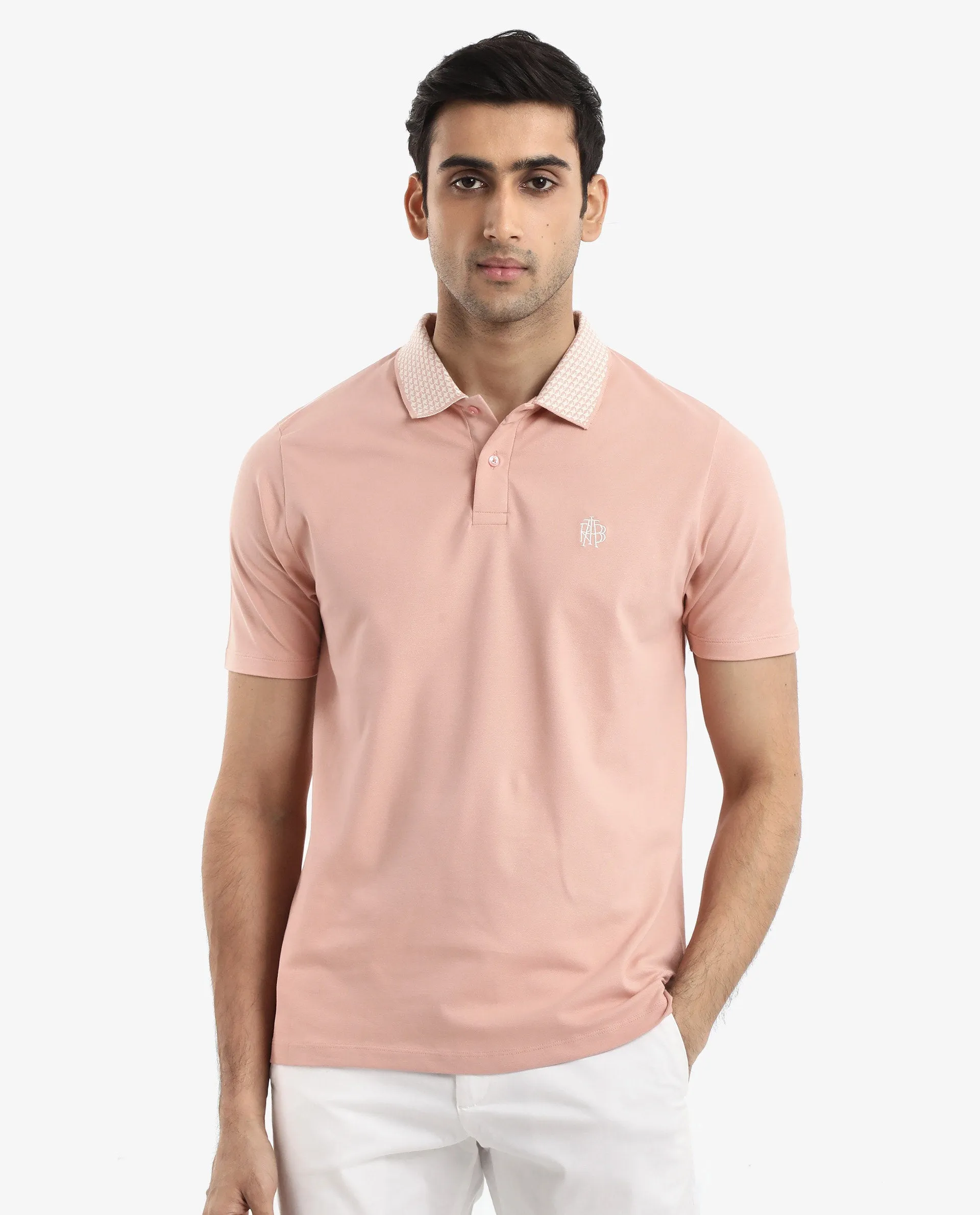Rare Rabbit Men's Booth Light Peach Short Sleeve Textured Collar Embroidered Logo Plain Polo T-Shirt