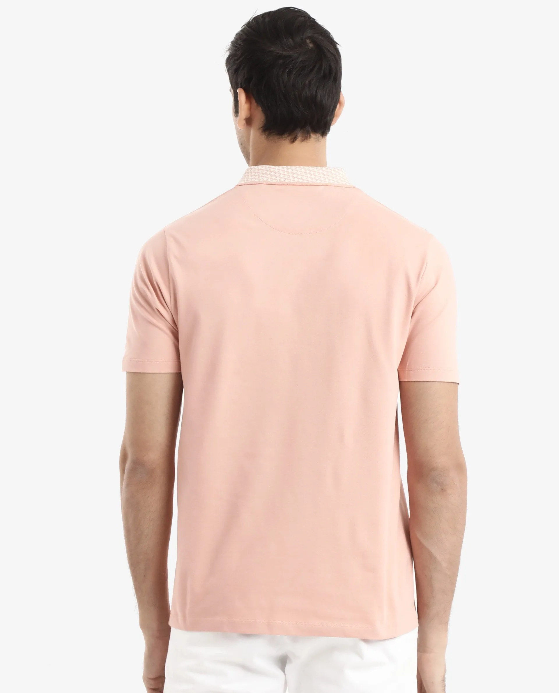 Rare Rabbit Men's Booth Light Peach Short Sleeve Textured Collar Embroidered Logo Plain Polo T-Shirt