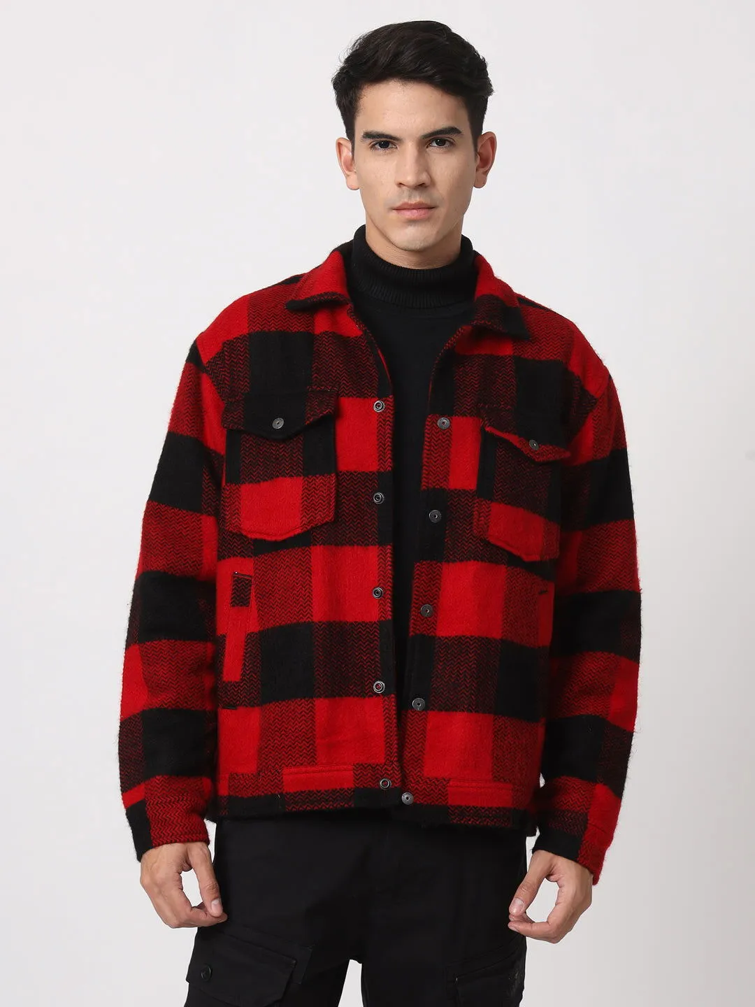 RED AND BLACK DROP SHOULDER SHACKET