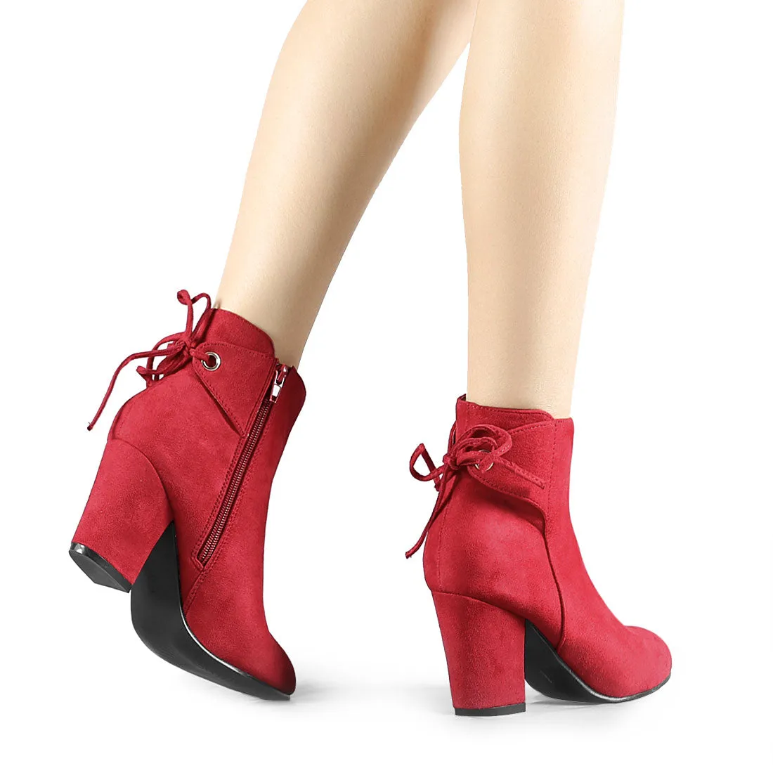 Round Toe Block Heel Zipper Lace Up Ankle Boots