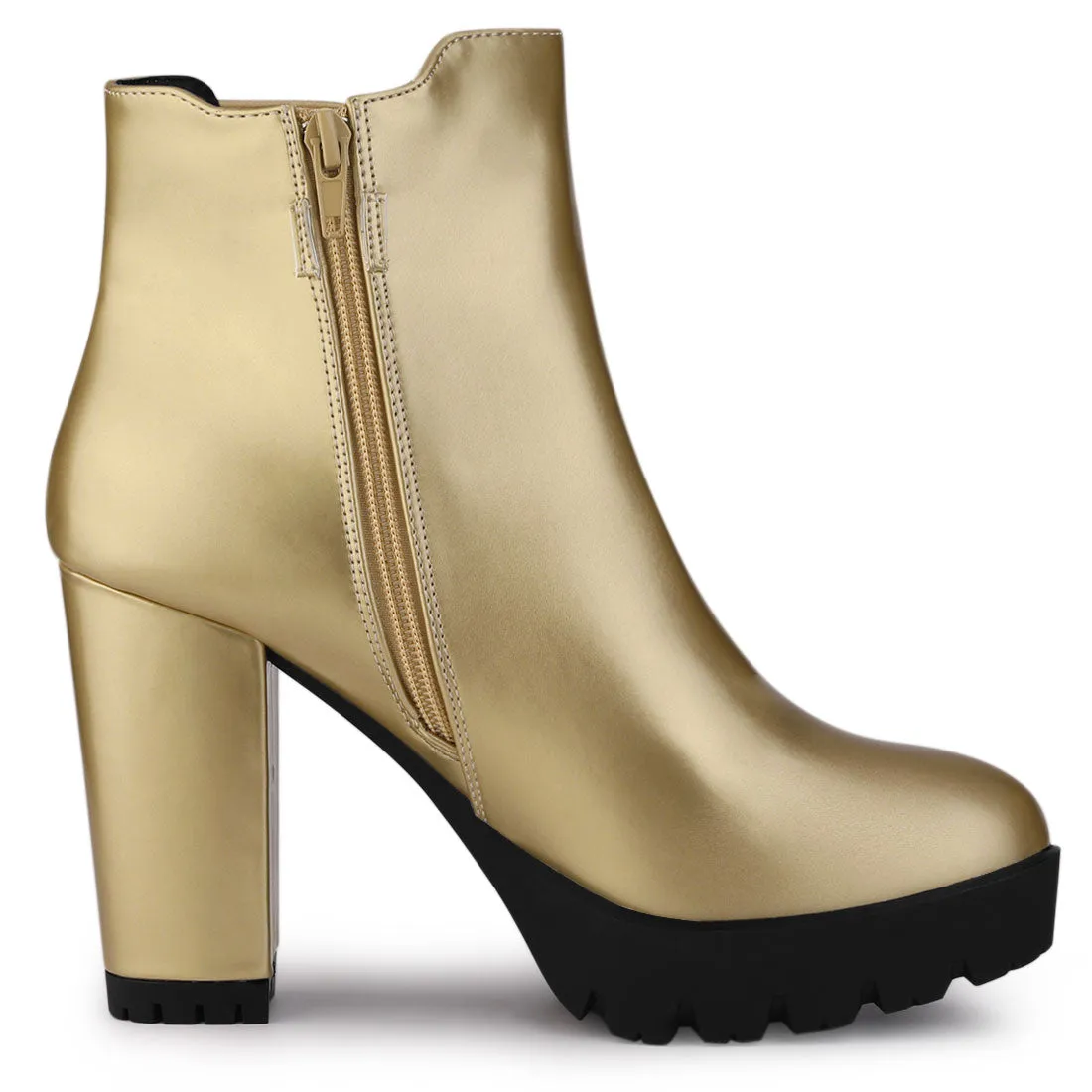 Round Toe Zipper Block Heel Platform Ankle Boots