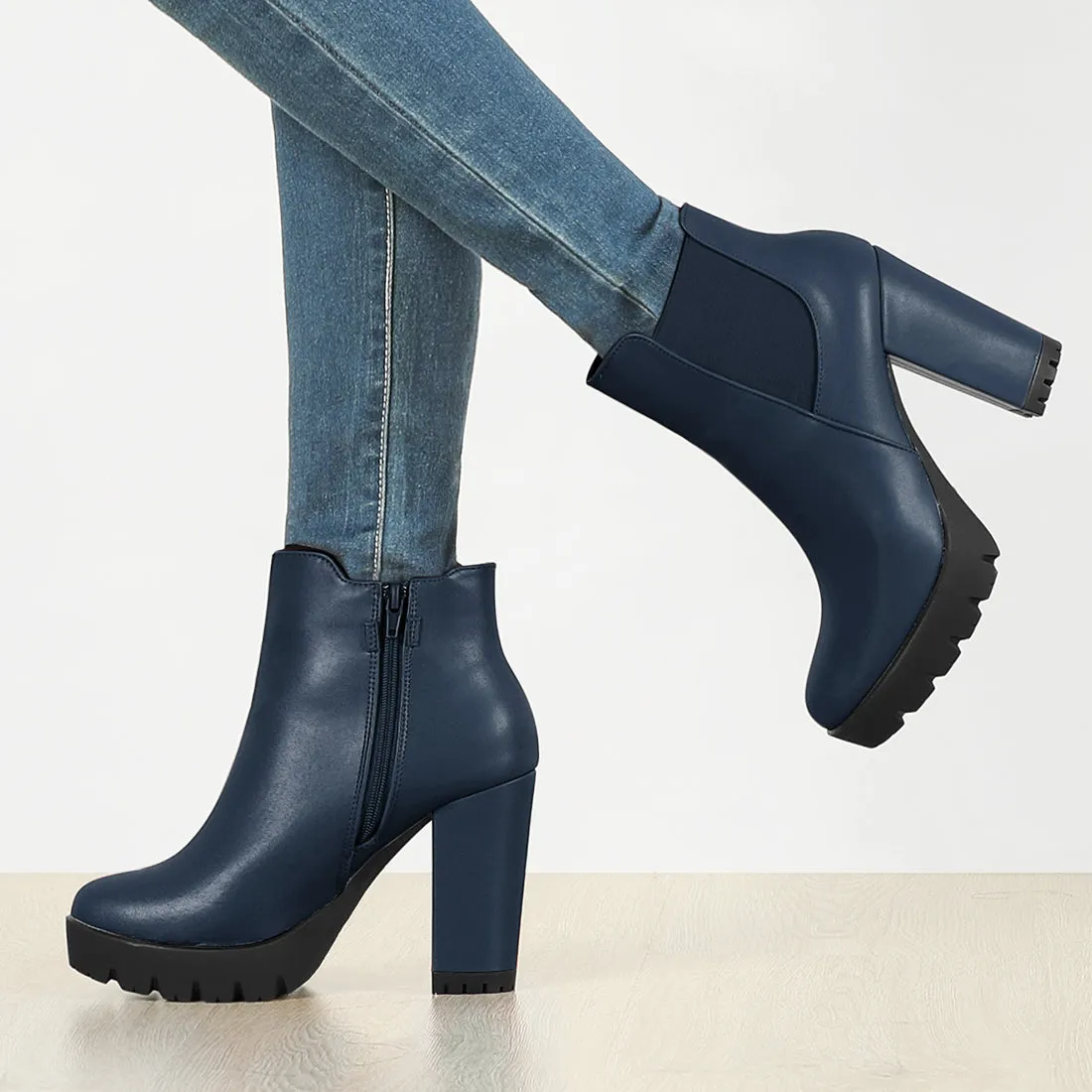 Round Toe Zipper Block Heel Platform Ankle Boots