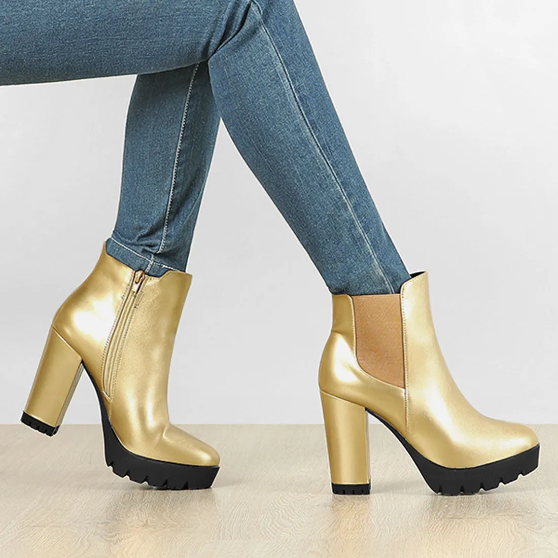 Round Toe Zipper Block Heel Platform Ankle Boots