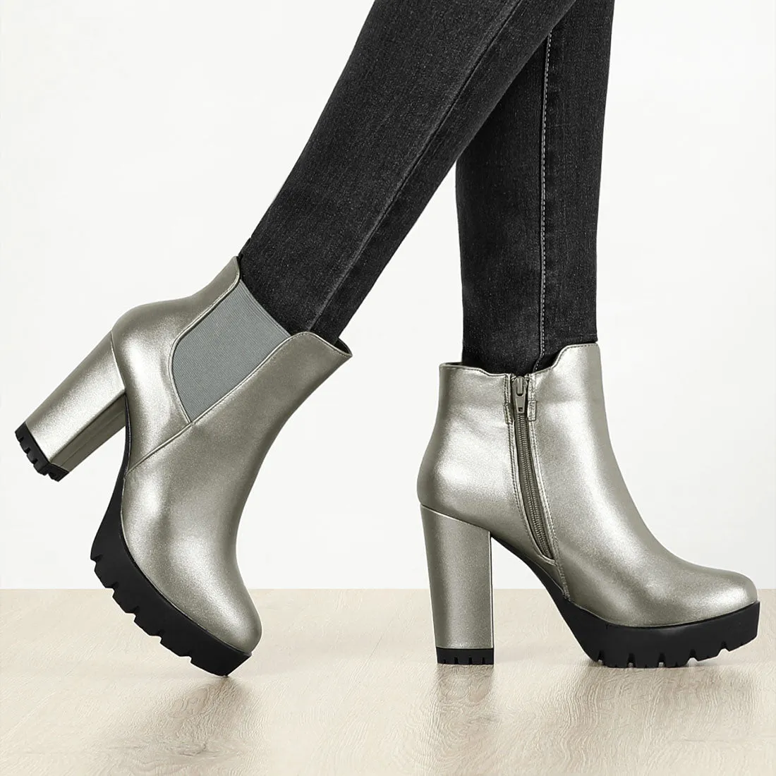 Round Toe Zipper Block Heel Platform Ankle Boots
