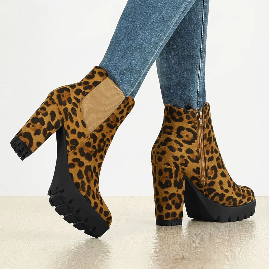 Round Toe Zipper Block Heel Platform Ankle Boots
