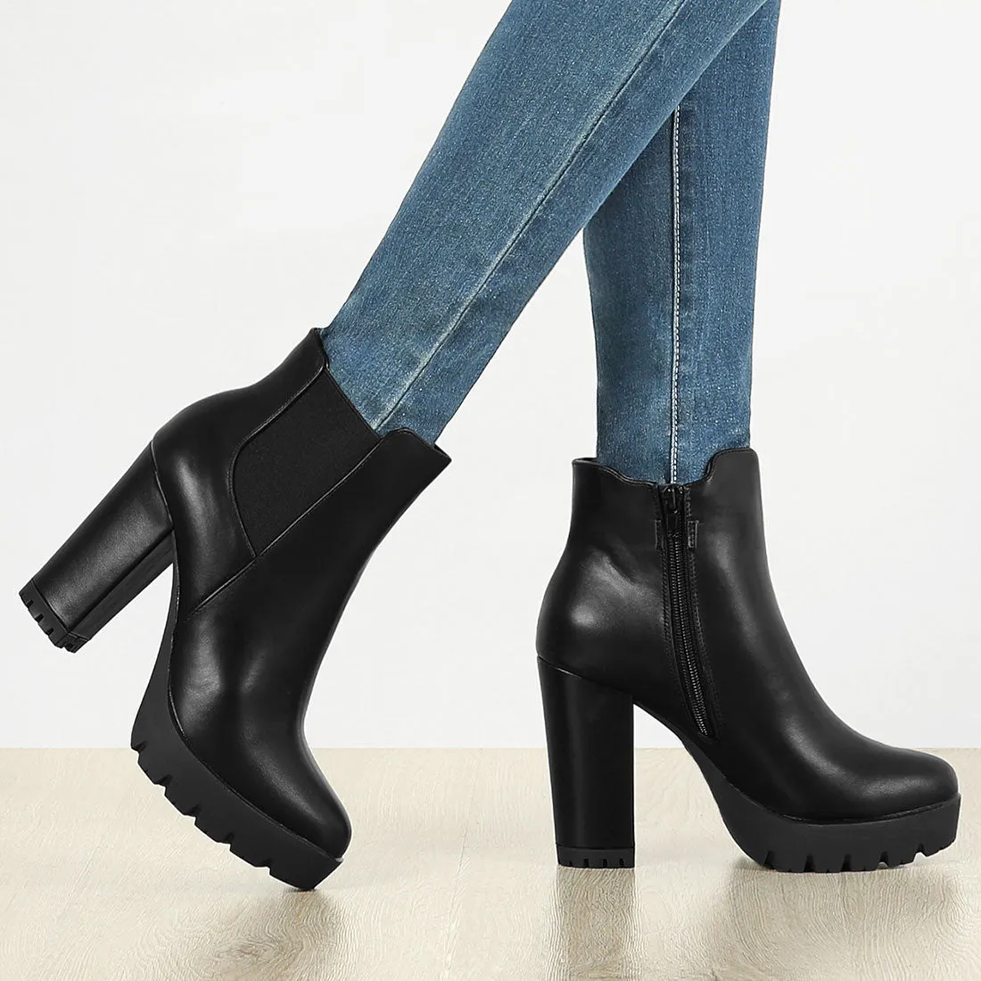 Round Toe Zipper Block Heel Platform Ankle Boots