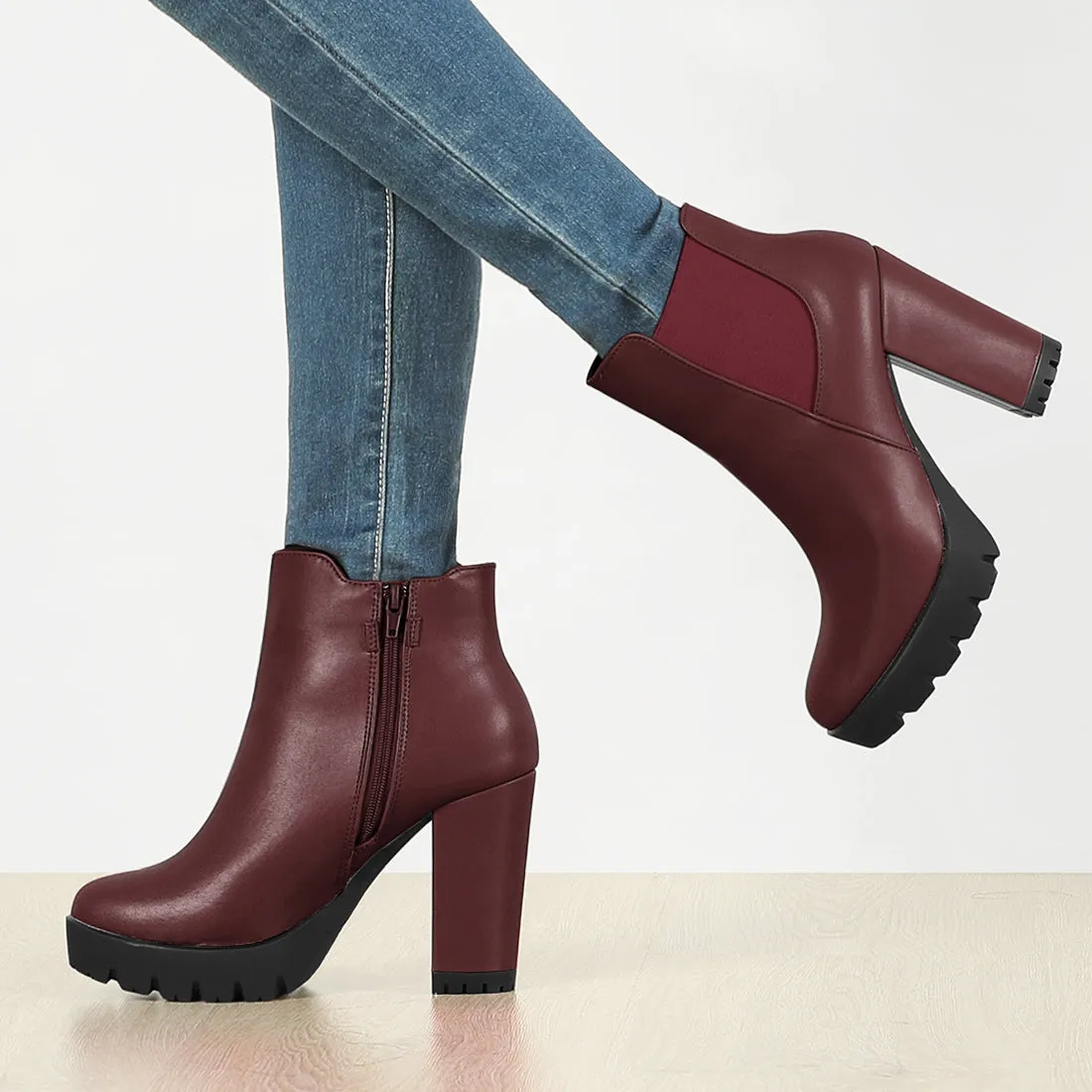 Round Toe Zipper Block Heel Platform Ankle Boots