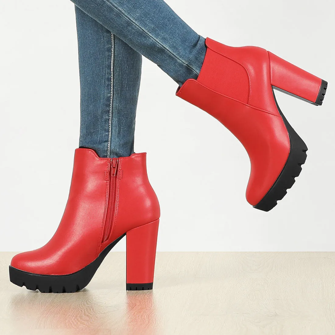 Round Toe Zipper Block Heel Platform Ankle Boots