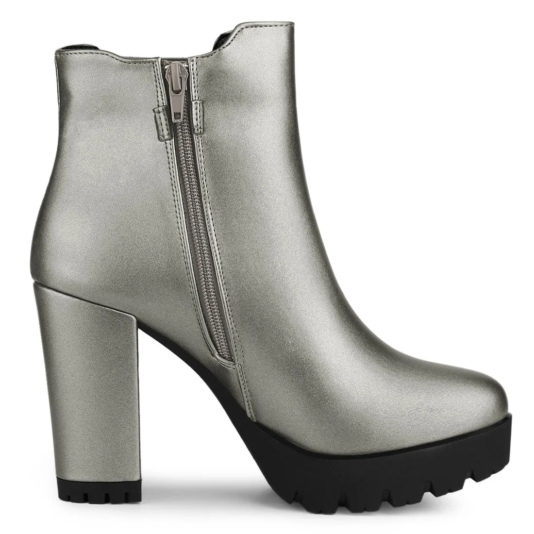 Round Toe Zipper Block Heel Platform Ankle Boots