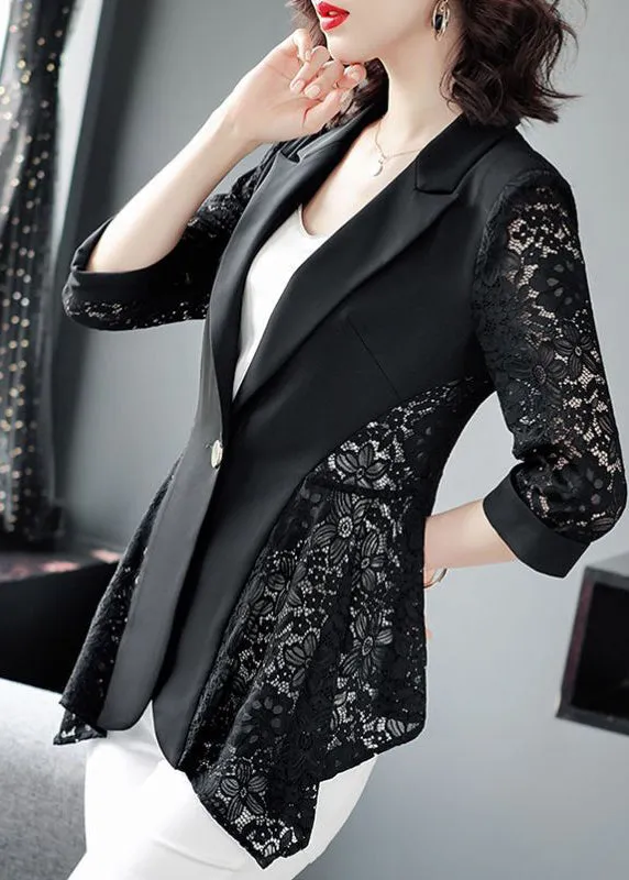 Stylish Black Notched Collar Lace Patchwork Hollow Out Spandex Coats Summer LY0993