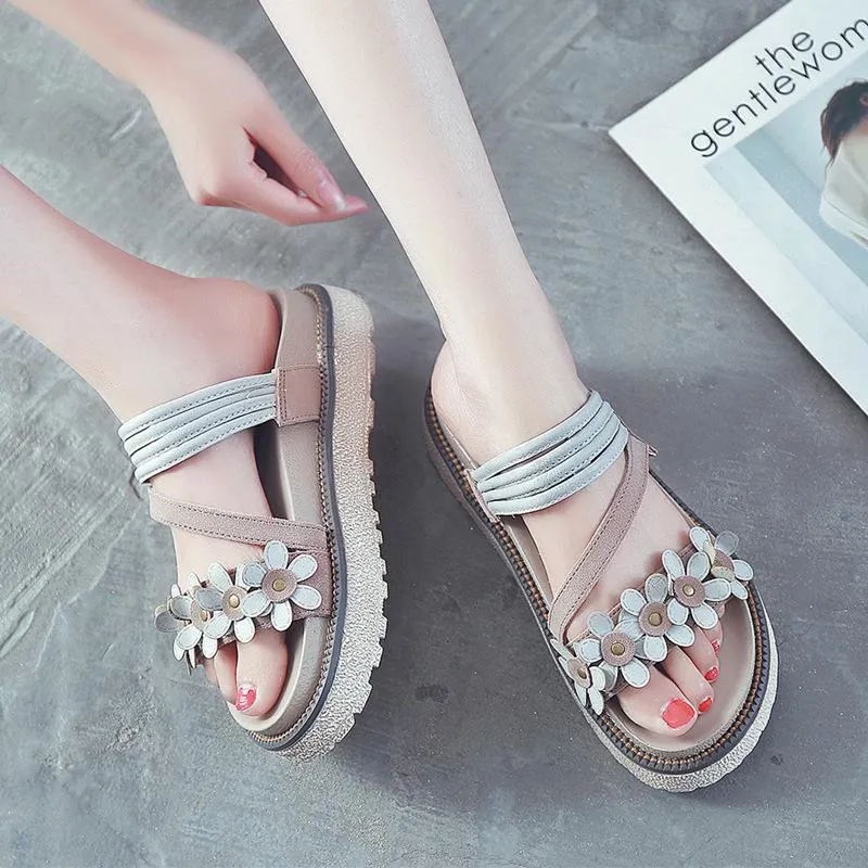 Suede Plus Size Platform Shoes Women's Floral Sandals