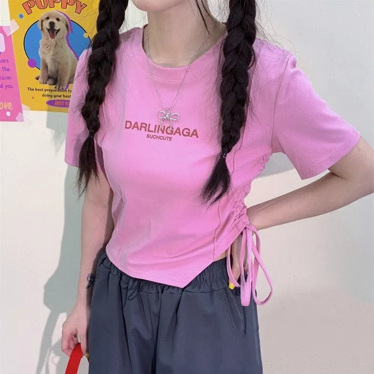 Sweet Y2K Style Pink Slim Short T-shirt