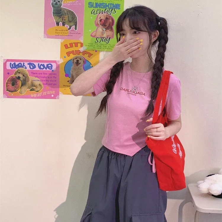 Sweet Y2K Style Pink Slim Short T-shirt