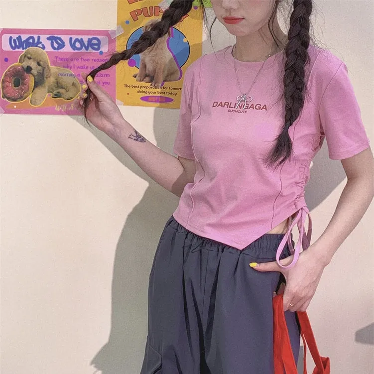 Sweet Y2K Style Pink Slim Short T-shirt